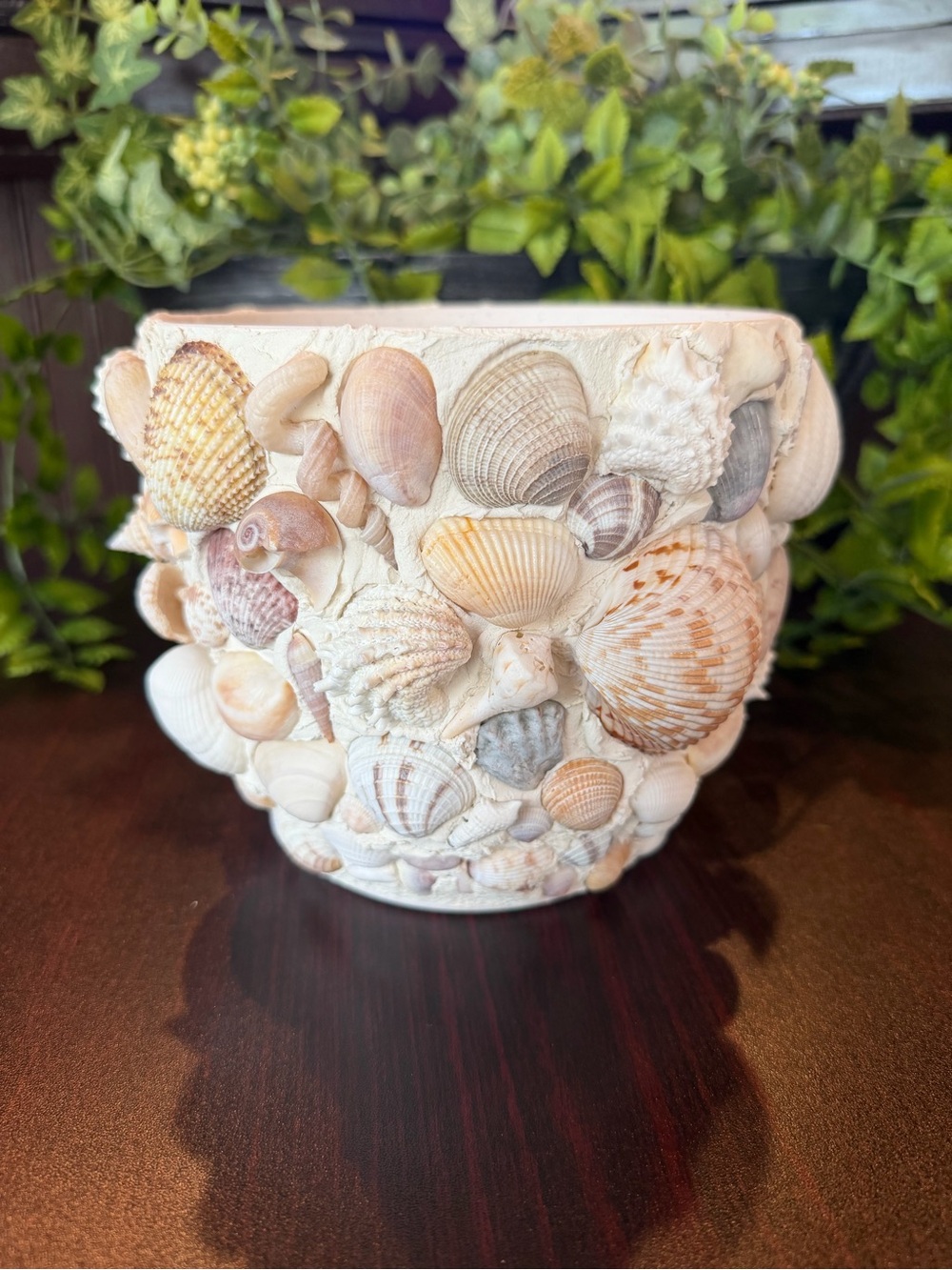 Handcrafted Seashell Adorned Decorative Planter - Neutral Coastal Accent